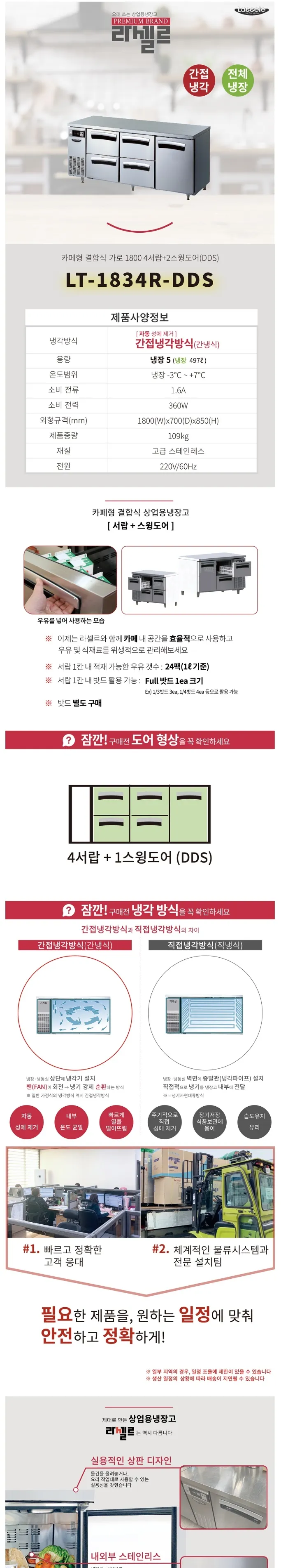 라셀르 간냉식 올스텐 업소용 테이블형 냉장고 497L (5도어/4서랍(좌)+스윙도어(우)/가로1800) 상세정보 1