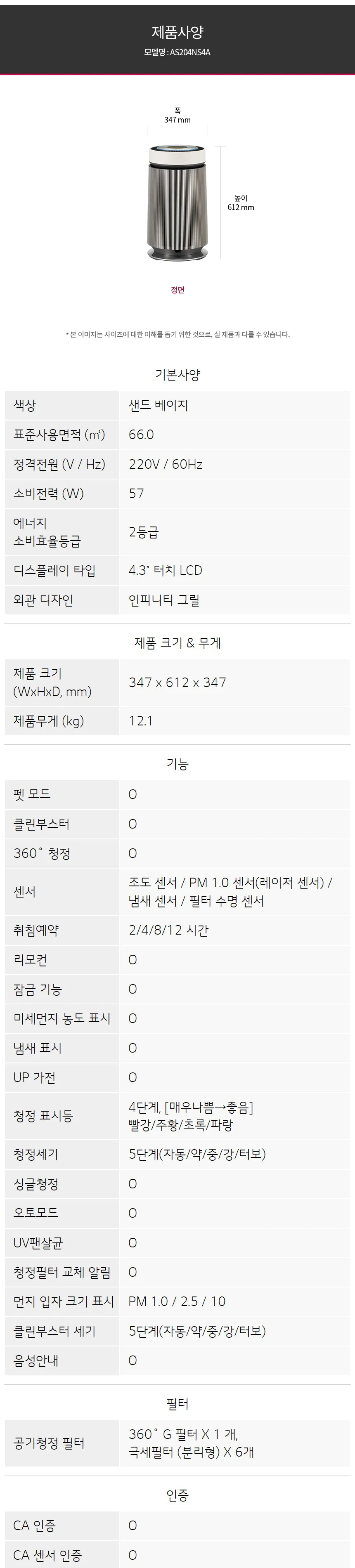 LG 퓨리케어 360˚ 공기청정기 알파 UP 20평형 (펫전용) 상세정보 4