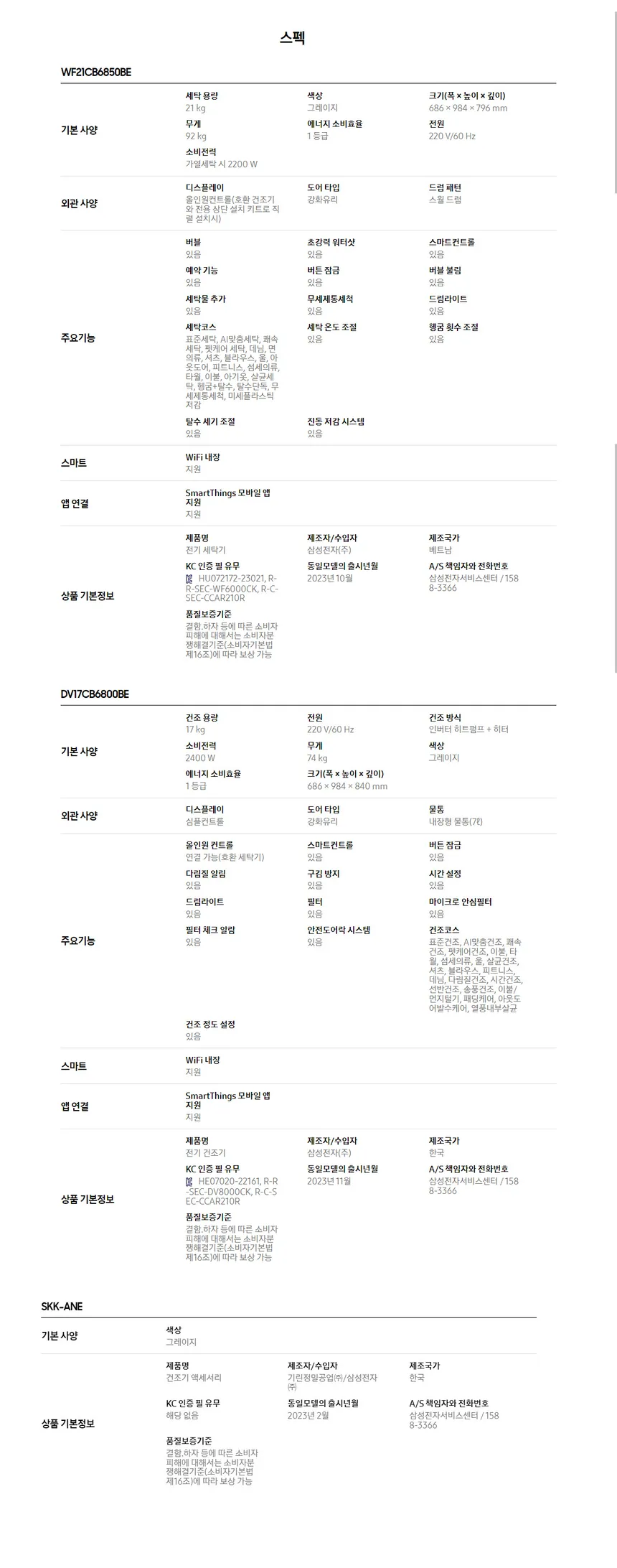 삼성 비스포크 AI 그랑데 올인원 컨트롤 세탁기 21kg+건조기 17kg (그레이지) 상세정보 4
